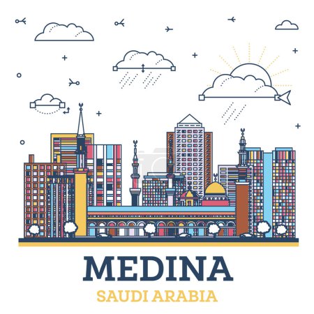Illustration for Outline Medina Saudi Arabia City Skyline with Colored Modern and Historic Buildings Isolated on White. Vector Illustration. Medina Cityscape with Landmarks. - Royalty Free Image