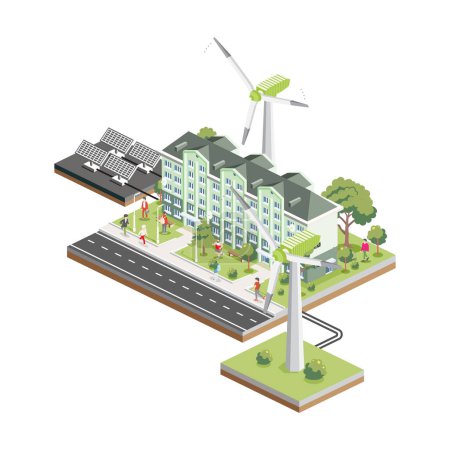 Isometric residential six storey building with solar panels and wind turbines. Green eco friendly house. Infographic element. Infographic element. Vector illustration. City home. Trees with people.