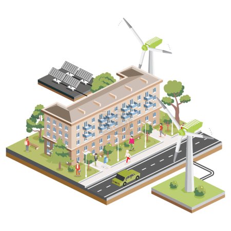 Isometric residential five storey building with solar panels and wind turbines. Green eco friendly house. Infographic element. Infographic element. Vector illustration. City home. Trees with people.