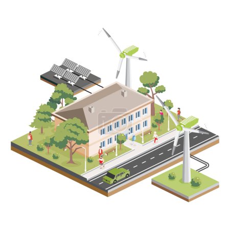Isometric residential two storey building with solar panels and wind turbines. Green eco friendly house. Infographic element. Infographic element. Vector illustration. City home. Trees with people.