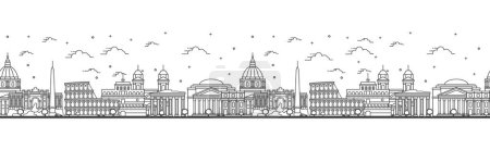 Modèle sans couture avec contour Rome Italie City Skyline. Bâtiments historiques isolés sur White. Illustration vectorielle. Paysage urbain de Rome avec des monuments.