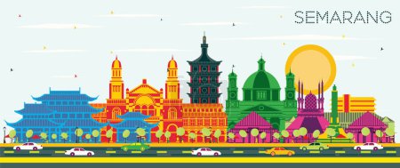 Semarang Indonesia City Skyline with Color Buildings and Blue Sky. Vector Illustration. Business Travel and Concept with Modern Architecture. Semarang Cityscape with Landmarks.