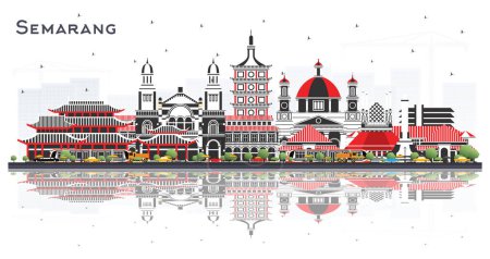 Semarang Indonesia City Skyline avec des bâtiments de couleur et des reflets isolés sur blanc. Illustration vectorielle. Voyage d'affaires et concept avec une architecture moderne. Semarang Paysage urbain avec des monuments.