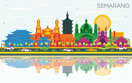 Semarang Indonesia City Skyline with Color Buildings, Blue Sky and Reflections. Vector Illustration. Business Travel and Concept with Modern Architecture. Semarang Cityscape with Landmarks.