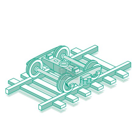 Railway bogie of a freight car with frame. Isometric object isolated on white background. Vector illustration. Icon for web design.