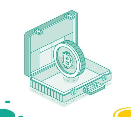 Business briefcase with bitcoin coin. Isometric outline concept. Vector illustration. 3d object.