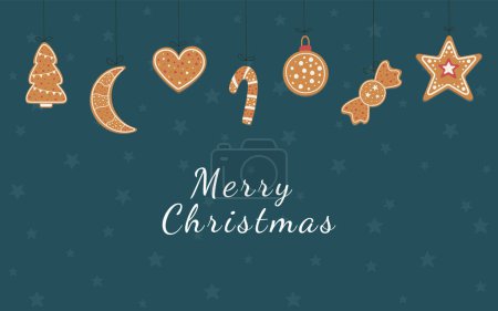 Photo for Merry christmas banner with ginger cookies on dark blue background. New years tree, moon, heart, star, christmas candies - Royalty Free Image