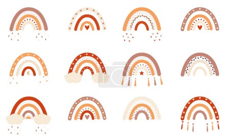 Photo for Set of boho rainbow with hearts and stars in flat style. Beige and orange colors - Royalty Free Image