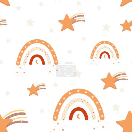Photo for Seamless pattern with boho rainbows and stars on light background in flat style. Orange colors - Royalty Free Image