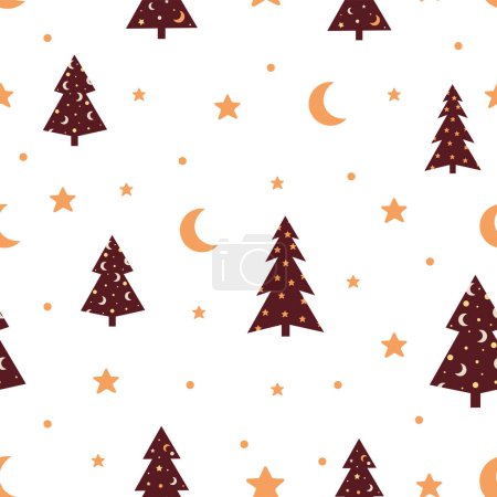 Photo for Seamless pattern with christmas trees, stars and moons in boho style - flat new years trees in purple color. - Royalty Free Image