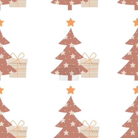 Photo for Seamless pattern. Boho new year trees with gift boxes in beige color - Royalty Free Image