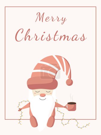 Photo for Merry christmas postcard with scandinavian gnomes in pink color on light background - flat new year vector illustration. - Royalty Free Image