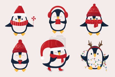 Illustration for Set of christmas pinguins in flat style. Winter pinguins in red hats and scarf on white background - Merry Christmas concept with cute birds - Royalty Free Image