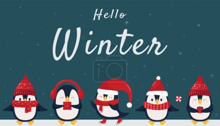 Illustration for Hello winter. Christmas pinguins in flat style. Winter pinguins in red hats and scarf on dark night background. Merry Christmas concept with cute cartoon birds - Royalty Free Image