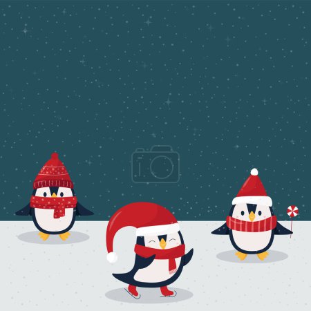 Illustration for Three winter pinguins on dark nigth background. Pinguins in red christmas hats on snow - flat style vector. - Royalty Free Image