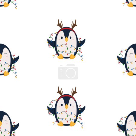 Illustration for Seamless pattern - pinguins with colorful garland on white background - flat style vector pattern - Royalty Free Image