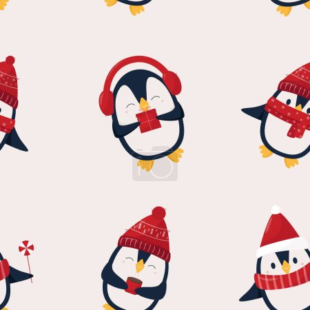 Photo for Seamless pattern - pinguins with cup and gift - flat style vector pattern - Royalty Free Image