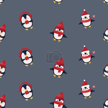 Illustration for Seamless pattern - pinguins in red hats and with cups on gray background - fLat winter pattern - Royalty Free Image