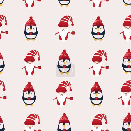 Illustration for Seamless pattern - pinguins and scandinavian gnome with cups on light background - fLat winter pattern - Royalty Free Image