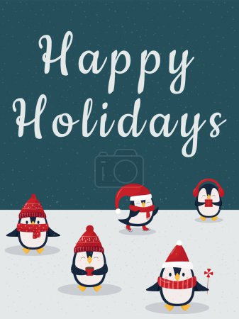 Illustration for Happy Holidays postcard. Five winter pinguins on dark nigth background. Pinguins in red christmas hats on snow - flat style vector. - Royalty Free Image