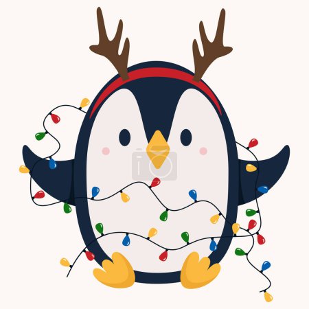 Illustration for Christmas pinguin with colourful garland - cartoon flat style - Royalty Free Image