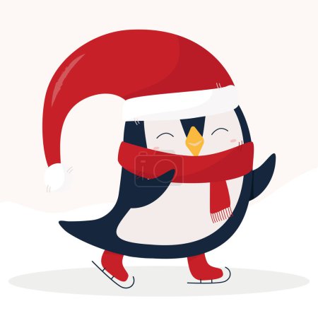 Illustration for Christmas pinguin on skates - cartoon flat style - Royalty Free Image