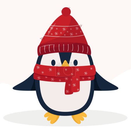 Illustration for Christmas pinguin in red hat and scarf on light background - cartoon flat style - Royalty Free Image