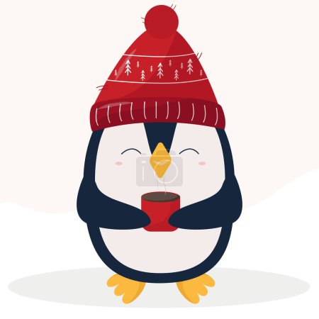 Illustration for Christmas pinguin in red hat and with cup - cartoon flat style - Royalty Free Image