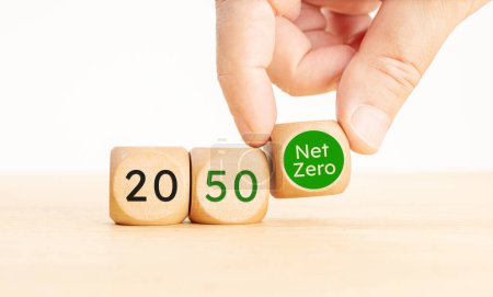 Téléchargez les photos : 2050 année Net Zero carbone neutre concept. Cueillette manuelle d'un symbole Net Zero Blocs en bois avec texte. Espace de copie - en image libre de droit