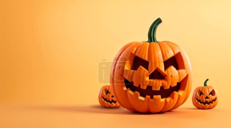Téléchargez les photos : Fond de bannière Halloween avec espace de copie. Groupe de trois citrouilles Jack O lanterne sur fond jaune - en image libre de droit