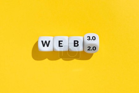 Vom Web 2 zum Web 3 Konzept. Würfelblöcke mit Text isoliert auf gelbem Hintergrund