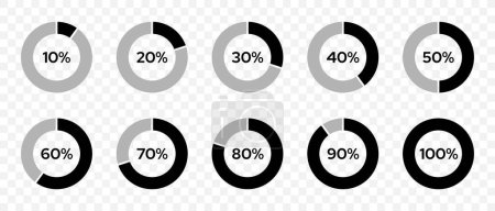 Icon Set of circle percentage diagram. Progress or loading circle symbols from 10 to 100. Vector illustration