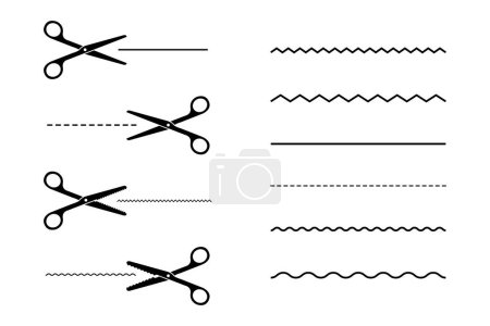Icon set of black scissors with a variety of cut lines. Flat vector illustration