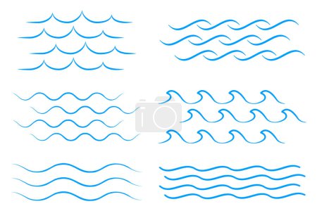 Téléchargez les illustrations : Icône vague de mer réglée. Collecte d'ondes minces. Illustration vectorielle plate - en licence libre de droit