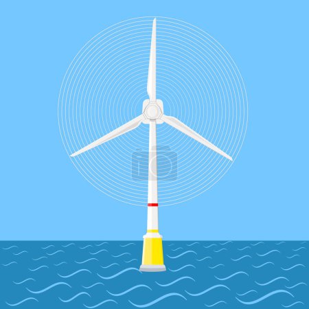 Turbina eólica en el mar. Energía eólica y recursos renovables. Ilustración vectorial plana
