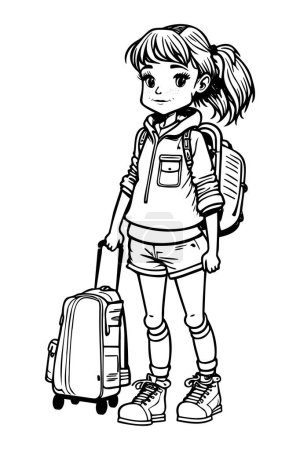 Téléchargez les illustrations : Voyageur Happy Girl Portant une valise et une page à colorier pour sac à dos. Illustration vectorielle - en licence libre de droit