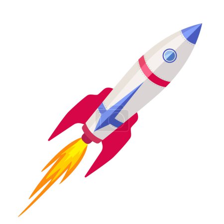 Téléchargez les illustrations : Fusée vaisseau spatial volant. Illustration vectorielle plate de bande dessinée - en licence libre de droit