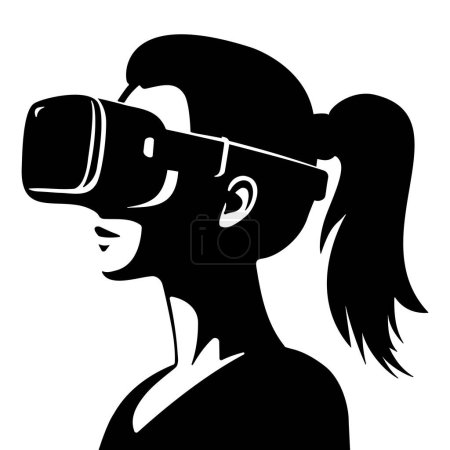 Téléchargez les illustrations : Silhouette d'une femme utilisant des lunettes de réalité virtuelle clip art monochrome. Illustration vectorielle - en licence libre de droit
