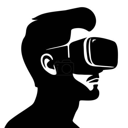 Téléchargez les illustrations : Silhouette d'un homme utilisant des lunettes de réalité virtuelle clip art monochrome. Illustration vectorielle - en licence libre de droit