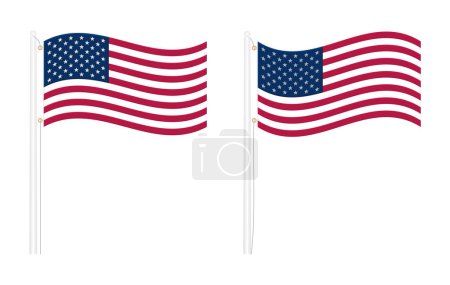 Fahnenschwenken der amerikanischen Flagge am Mast mit echten Proportionen und Farben. Bestickte Sterne, genähte Streifen und Messingösen. Vektorillustration