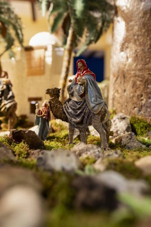 Photo for Figurine of the wise Caspar on a camel nativity scene figures, in a nativity scene, in Borja, Zaragoza, Spain - Royalty Free Image