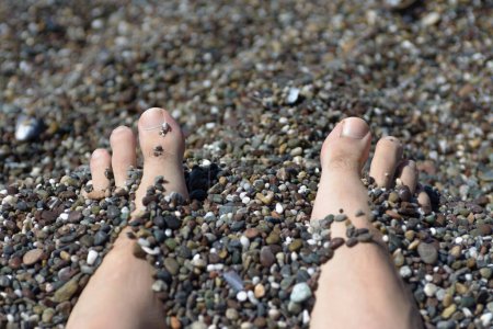 Photo for Feet and toes buried in the stone sand of this beach. Many colors. - Royalty Free Image