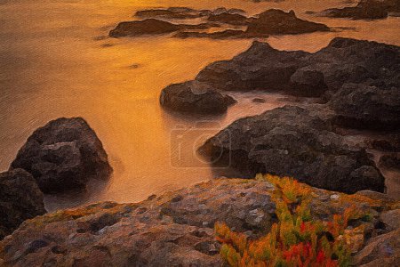 Téléchargez les photos : Coucher de soleil orange sur les vagues de l'océan avec des formations rocheuses déchiquetées exposées peinture à l'huile numérique. - en image libre de droit
