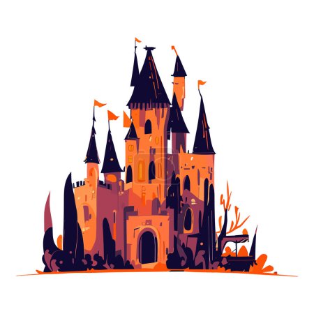 Illustration for Halloween castle and pumpkins on white background - Royalty Free Image