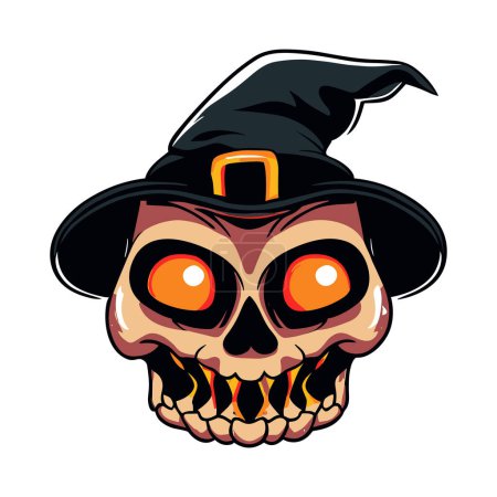 Foto de Feliz cabeza del cráneo de Halloween con un diseño de ilustración de vector de sombrero de bruja - Imagen libre de derechos