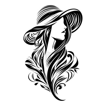 Foto de Hermosa mujer con pelo largo y sombrero. ilustración vectorial en blanco y negro - Imagen libre de derechos