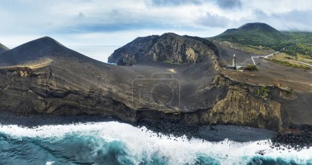 Volcano dos Capelinhos on the island Faial from drone, Panoramic view, Azores