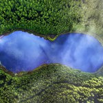 Aerial top down view of beautiful green waters of lake. Birds eye view of scenic emerald lake surrounded by pine forests. Clouds reflecting in Sao Miguel, Azores, Portugal