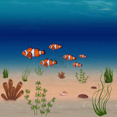 Aquarell-Illustration der Unterwasserwelt mit Fischen und Algen. Für Grüße, Karten, Druck, zum Geburtstag, Hintergrund