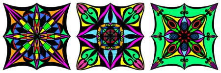 Téléchargez les photos : Un ensemble de trois mandalas simples colorés avec des motifs géométriques et des contours noirs épais. Le dessin est créé pour l'impression, les tatouages, les impressions et le web - en image libre de droit